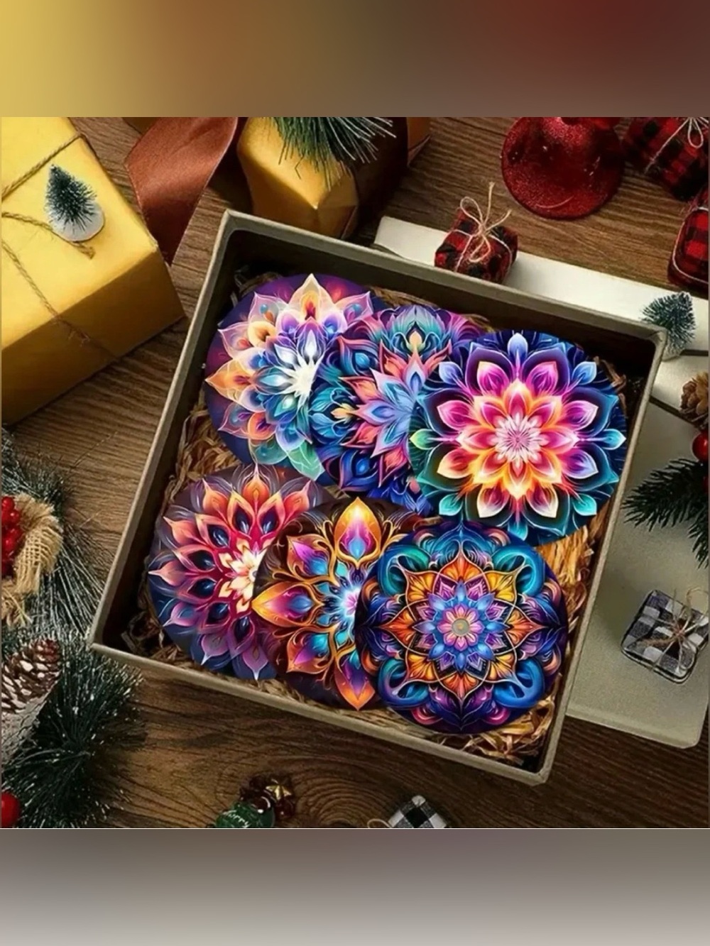 Mandala Coasters Set of Six 6 Thin Wooden Coasters